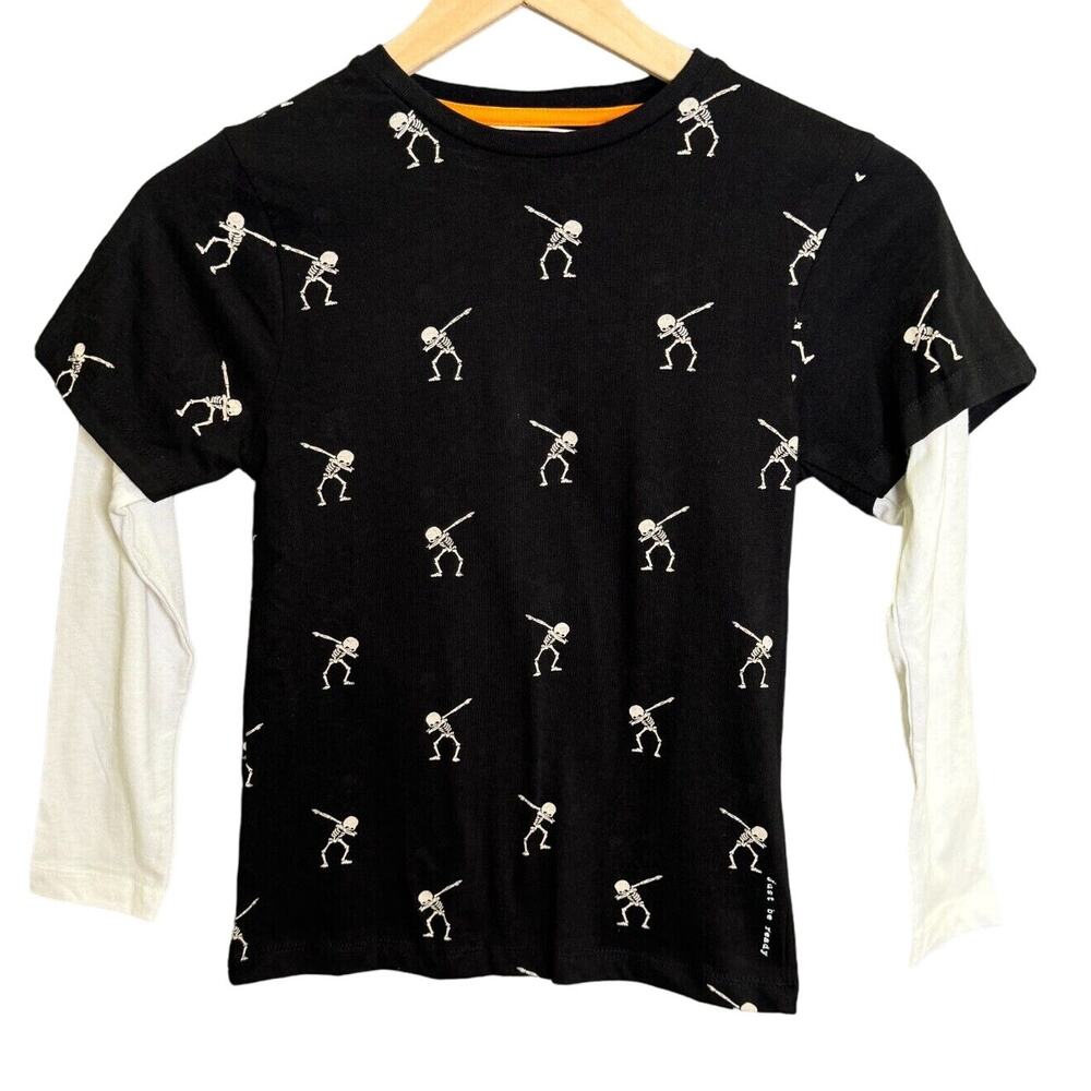 Kids Skeleton Halloween Graphic Long Sleeve Shirt Layered Top Black White Size 7